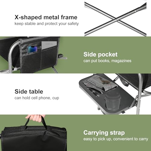 YOUNG WOOD IP Camping Directors Chair with Side Table & Storage - Lightweight Foldable Outdoor Chair Supports 400lbs, Black