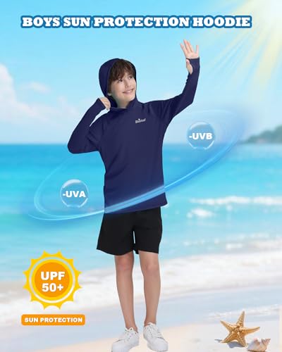 Boys Rash Guard Long Sleeve Hoodie - UPF 50+ Sun Protection, Navy, Large