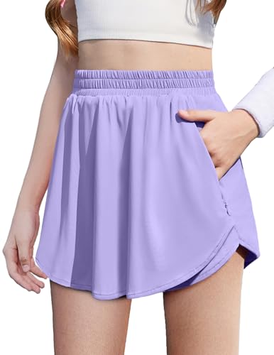 Girls 2 in 1 Athletic Shorts with Zipper Pockets - Lilac, 7-8 Years