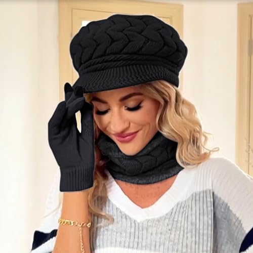 Loritta 3-in-1 Women's Winter Hat Gloves Scarf Set - Black
