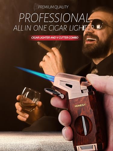 Jaerdhs Refillable Windproof Butane Torch Lighter with V Cutter & Fuel Window – Adjustable Gas Flame for Camping, Grilling, & DIY
