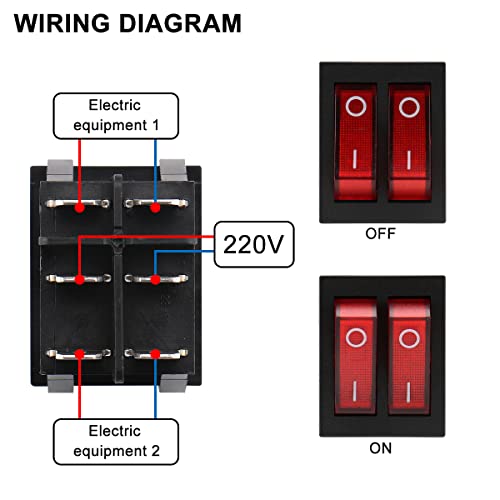 Dual Rocker Switch - 6-Pin DPST ON/OFF with Red LED - 1 Pack