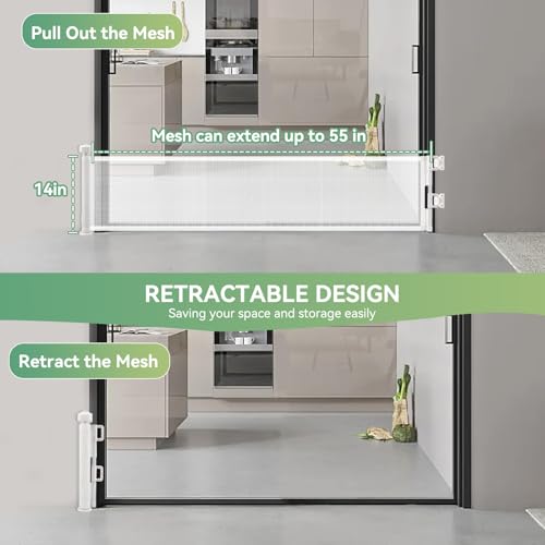 14" Tall Short Dog Gate to Step Over, Retractable Mesh Pet Door for Small Puppy, Extended up to 55" Wide for Indoor Stairs Doorways and Hallway(White)