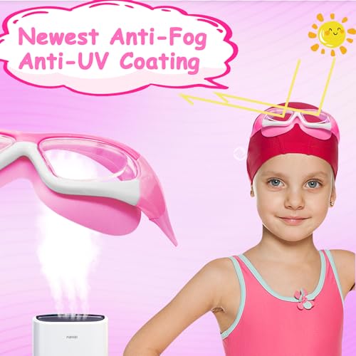 Pink Kids Swim Goggles for Ages 3-12 with Ear & Nose Plugs, Wide View Anti-Fog No Leak - 1 Pack