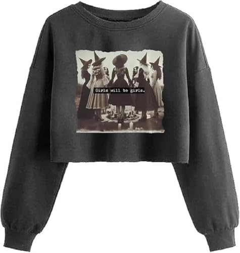 Nigbriz Women's Fall Halloween Thanksgiving Crop Sweatshirt (Large, Dark Grey)