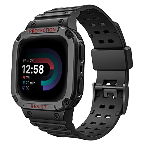 FINTIE Black Rugged Watch Band with Case Compatible with Fitbit Versa & Sense Series
