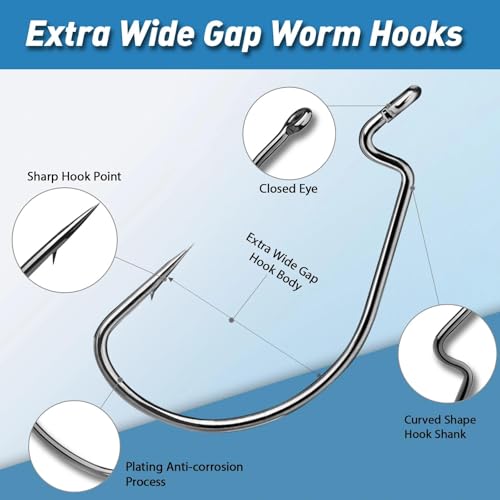 EWG Fishing Hooks Set - 50Pcs Wide Gap Offset Worm Hooks 1-4/0
