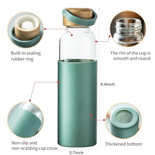 Green 21oz Borosilicate Glass Water Bottle with Silicone Non-Slip Sleeve & Leak-Proof Lid