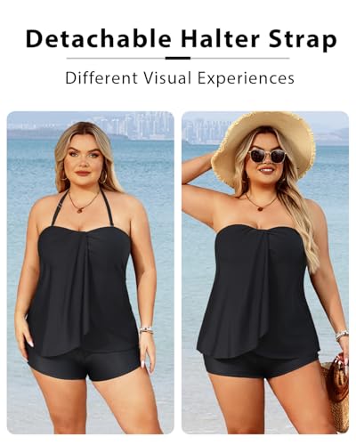 Plus Size Bandeau Tankini 2-Piece Halter Swimsuit with Shorts - Black (Size 22 Plus)