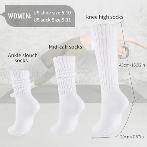 Grip Pilates Socks for Women - 3 Pairs Scrunch Crew Socks - White/Grey/Black