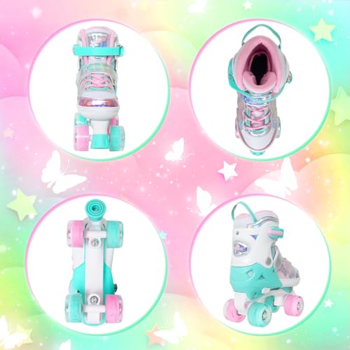 Nattork Kids Adjustable Roller Skates Teal Small(10C-13C) with Light-Up Wheels & Butterfly Design