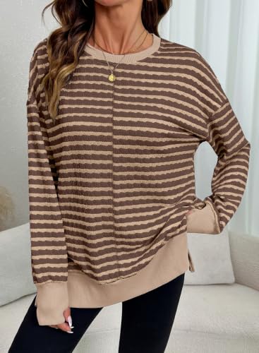 Dokotoo Women's Striped Side Slit Sweatshirt - Brown, Large, Fall 2026