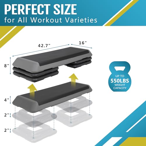 Adjustable Aerobic Step Platform - 43 Inch Black Stepper with 4 Risers