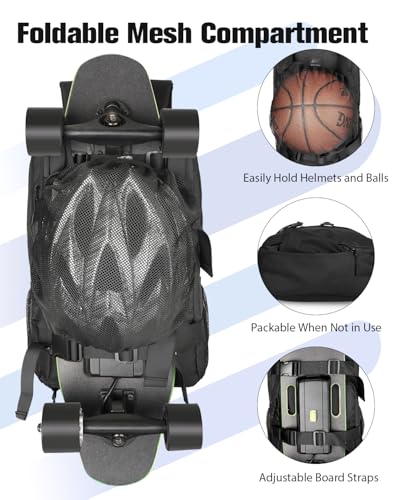 WOLT Skateboard Backpack Black 15.6 Inch Laptop Sports Bag with Ball Holder