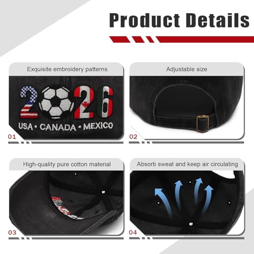 Okbycuyck Black Soccer Hat 2026 USA, CAN, MEX Fan Baseball Cap - Embroidered