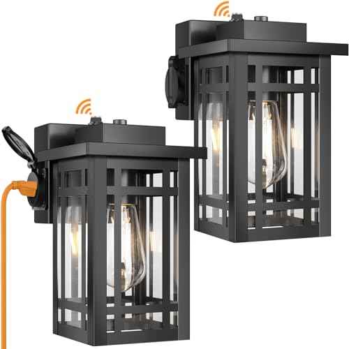 2-Pack Outdoor Porch Lights with Outlet,Dusk to Dawn Motion Modern Outdoor Wall Lights Exterior Lighting Fixtures Waterproof, Black Outside Light for House Patio Garage Hallway