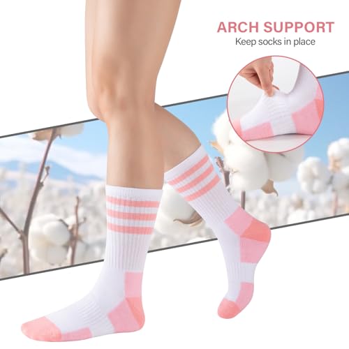 COOPLUS Women's Athletic Crew Socks 5 Pairs Cushioned Cotton Wicking, One Size - White