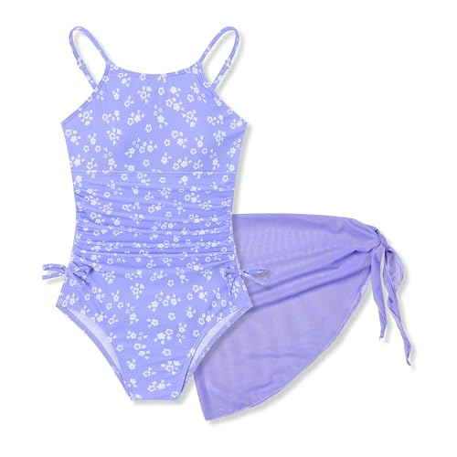 Girls Floral One-PPiece Swimsuit with Cover-Up Skirt Set – Size 6-13