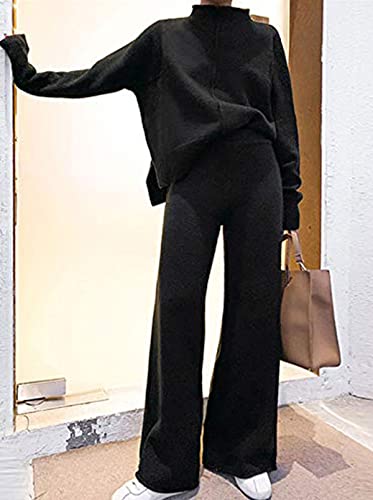 Fixmatti 2-Piece Knit Sweater Set - Turtleneck Top & Wide-Leg Pants Lounge Wear