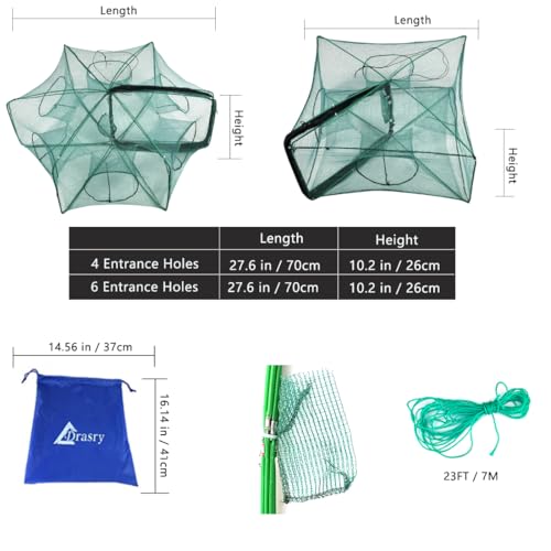 Green Foldable Fishing Trap with 4 Entrance for Minnow, Crab, Shrimp - 27.6 x 10.2 in