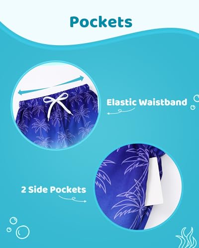 Latnnut Boys Swim Trunks with Compression Liner, Quick-Dry Bathing Suit with Pockets – Blue Coconut Tree, 9-10 Years