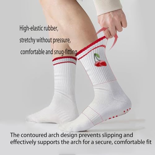 Non-Slip Pilates Grip Socks for Women - Yoga Barre Crew Socks - Cherry