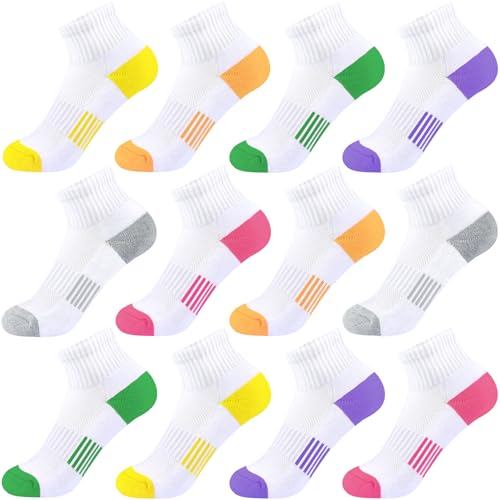Girls Kids Ankle Socks 12 Pairs White Cushioned Athletic Quarter Socks for Boys & Girls - Medium
