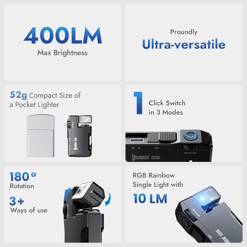 WUBEN G5 Rechargeable Mini Flat Pocket Flashlight Black, 400 Lumens, Dual Light & Rotatable Head