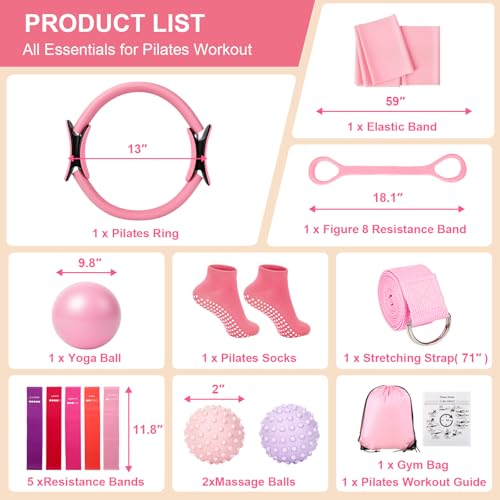 Pilates Kit for Women - 14 Pcs Equipment Set with Ring, Ball & Bands - Pink