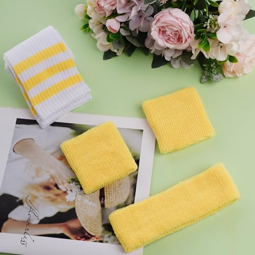5-Piece 80s Striped Sweatbands and Socks Set - Yellow & White