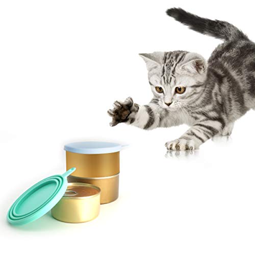Universal Silicone Pet Food Can Lids with Spoons - 2 Pack, Light Blue & Green