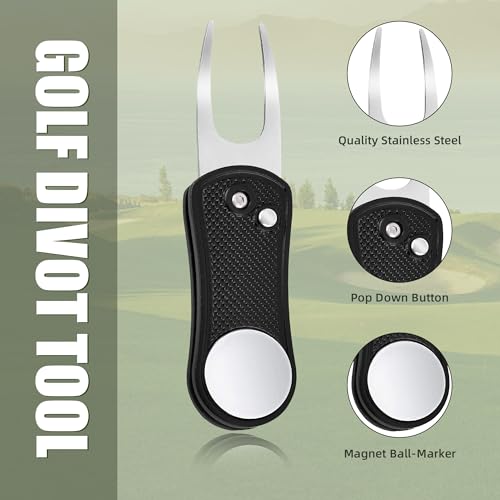 Golf Divot Repair Tool - Metal Foldable with Pop-up Button & Magnetic Ball Marker - Black Undulate