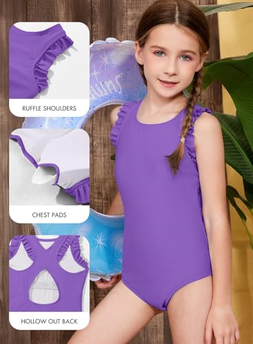 Purple 12-13 Years Girls Swimsuit with Ruffle Sleeveless One-Piece Summer Bathing Suit