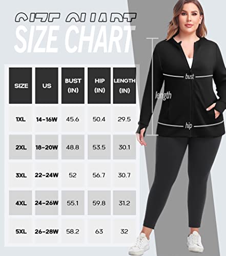 COOTRY Womens Plus Size Full-Zip Workout Jacket 3X A-Thumb Holes Black