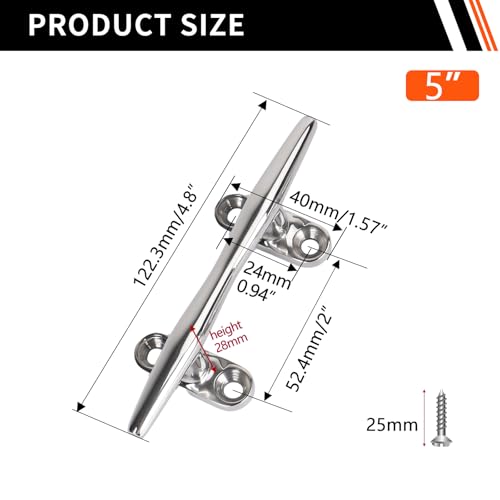 Hoffen 5 Inch Stainless Steel Boat Cleat 4 Pack Marine Dock Rope Fasteners