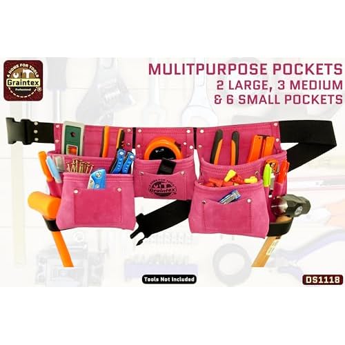Graintex DS1118 8 Pocket Pink Tool Belt in Suede Leather with 2¡± Webbing Belt, 2 Leather Hammer Holders Loops
