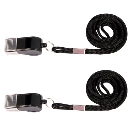 2 Pack Plastic Sports Whistles with Lanyards - Loud Crisp Sound - Black