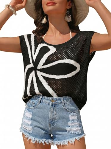 Dokotoo Women's Black Large Crochet Floral Summer Top with Cap Sleeve