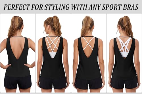 Sykooria Women's Black Open Back Workout Tank Top Medium for Yoga & Running