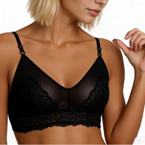 Women's Lace Balconette Bralette - Sheer Mesh, Black, XX-Large