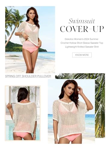 Dokotoo Women's Apricot Summer Crochet Knit Top - Medium, Scoop Neck Short Sleeve Casual Sweater Beach Coverup