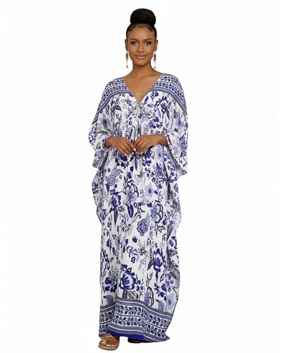 Blue Print Kaftan Dress for Women Floral Plus Size Cover Up - MooMoo