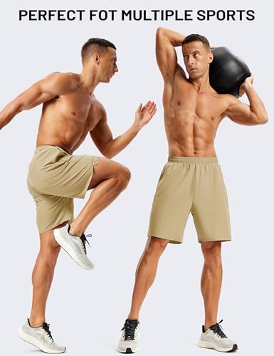 Men's 7" Khaki Athletic Workout Shorts with 3 Zipper Pockets - Medium