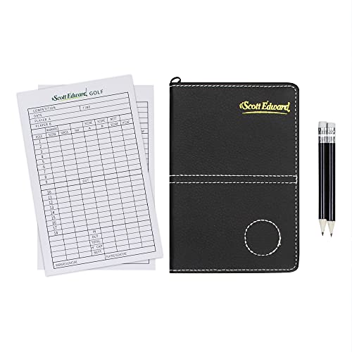Golf Scorecard Holder - Black Waterproof Leather Cover with Straps