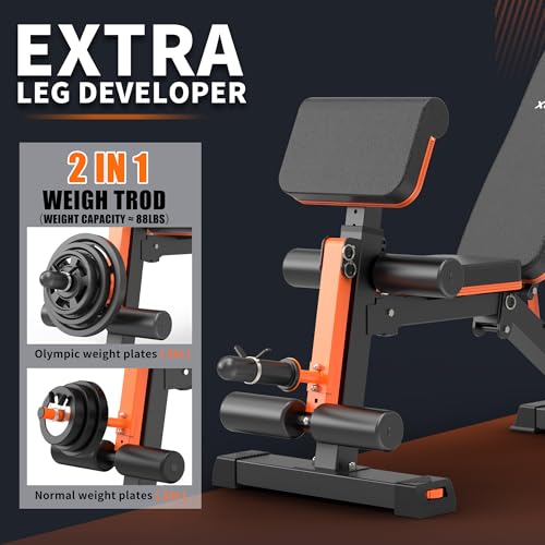 Adjustable Weight Bench - 1000LBS Capacity, Foldable Heavy Duty with Preacher Pad & Leg Extension - Orange Black