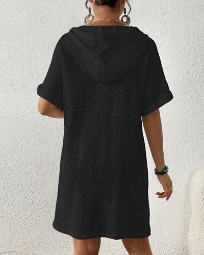 Bsubseach Women's Hooded Beach Cover Up Shirt Dress with Pockets - Large, Black