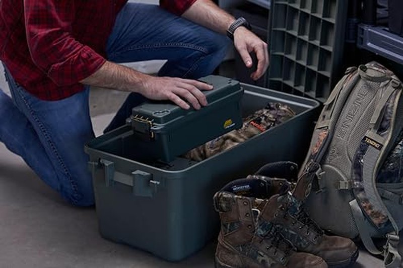 Plano Shot Shell Box, OD Green, Lockable Ammunition Storage Box with Heavy-Duty Carry Handle, Small Plastic Ammo Storage, Water-Resistant Protection, Holds 4 Boxes of Ammo