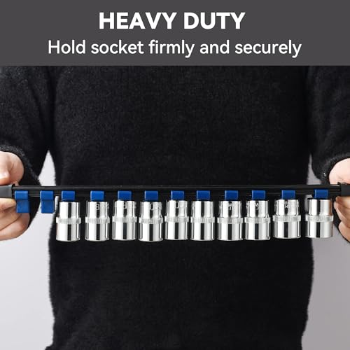 ALOANES 9PC ABS Socket Organizer, 1/2 inch, 3/8 inch and 1/4 inch Drive Socket Rail Holders, Heavy Duty Socket Racks, Black Rails with Red Blue Black Clips