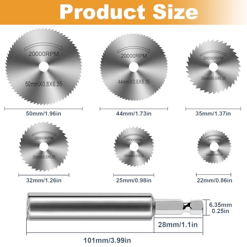 FOTYBEl Cutting Wheel for Drill, Rotary Tool Cutting Discs with 6pcs Steel Saw Blades, 1pc 1/4" Hex Long Shank, Power Rotary Tool Accessories for Cutting PVC Pipe Wood Plastic Soft Metal