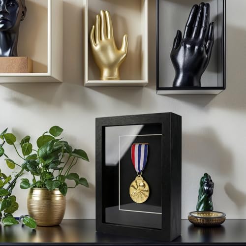 Black Medal Display Case with Real Glass Frame - 7 Inch, Wall & Table Mount